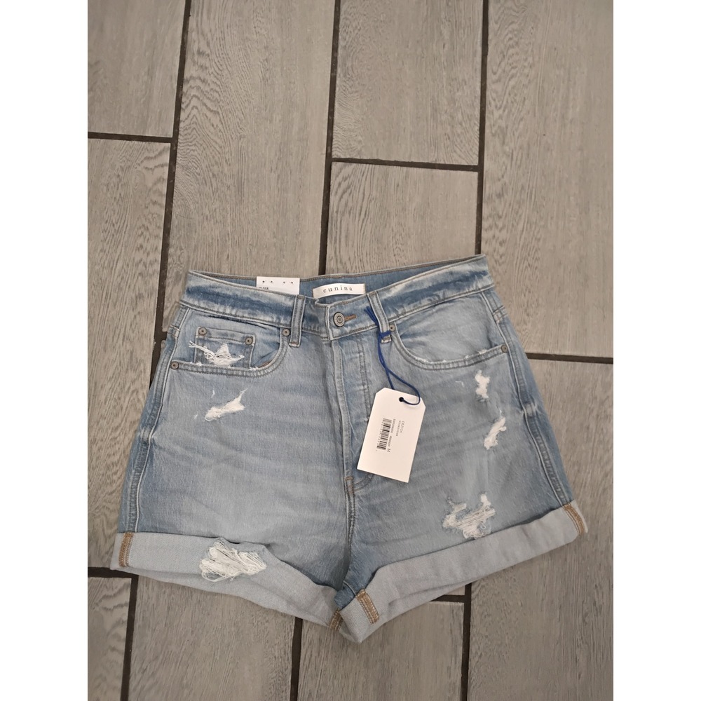 New Eunina Olivia Ultra High Rise Mom Shorts Lght Wash Distressed Cuffed Blue -M